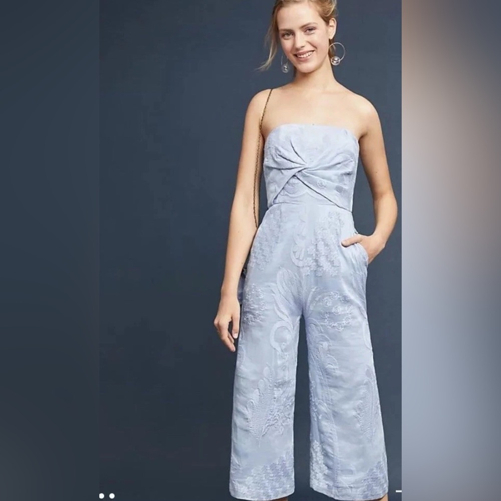 Aijek Anthropologie Natalia Silk Linen Embroidered Jumpsuit Baby Blue Size 2-4